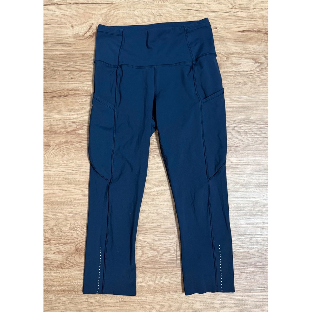 Lululemon Fast Free Crop II Navy Blue Running Leggings Pockets Reflective Size 4